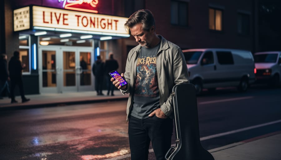 A Canadian musician holding a guitar case outside a venue entrance at night